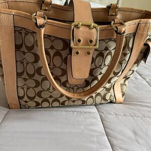 Coach Brown Signature Canvas Tote with Tan Leather Trim
